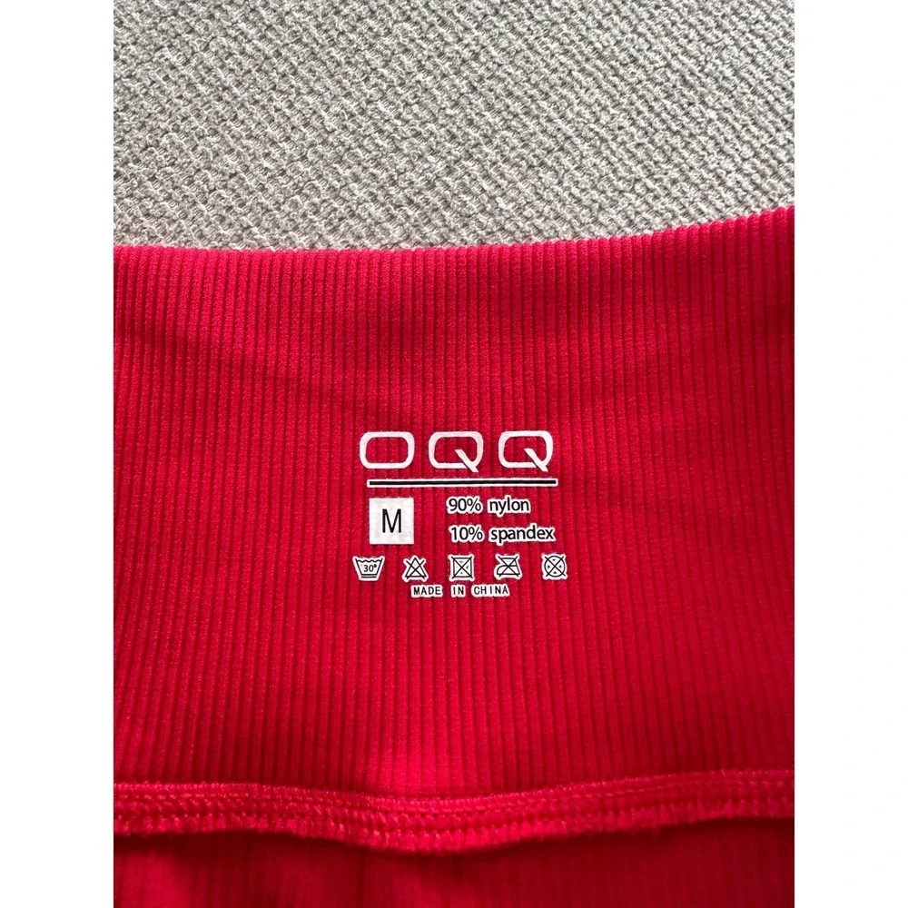 OQQ Ribbed Mini Skirt Set‎ High Waist Stretchy Basic Casual Red White M